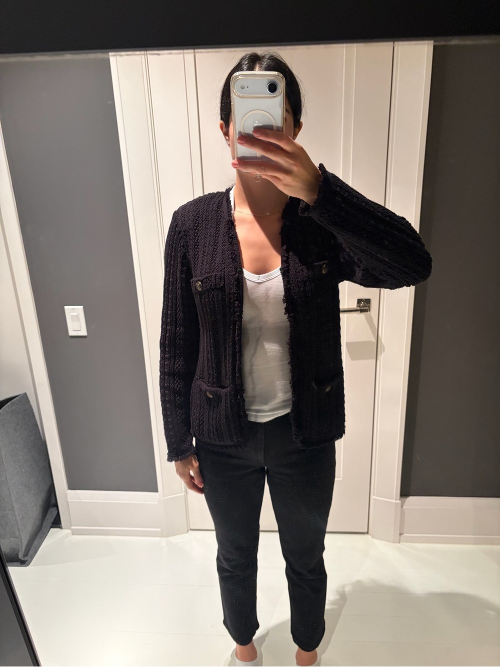Aqua Black Chunky Knit Open Cardigan Sweater